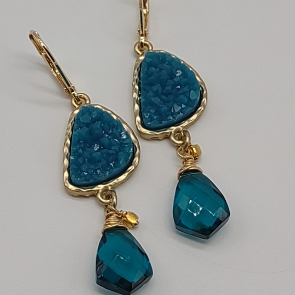 Sterling Silver Vermeil Teal Quartz Drop Earrings - Picture 6 of 10